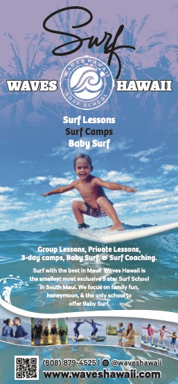 Surfing school flyer: lessons, camps, and baby surf at Waves Hawaii.