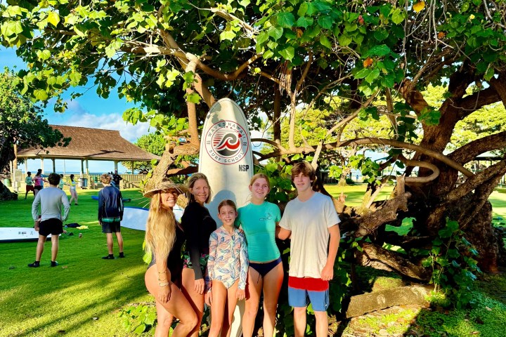 Group of people posing by a surfboard under a tree on a sunny day.